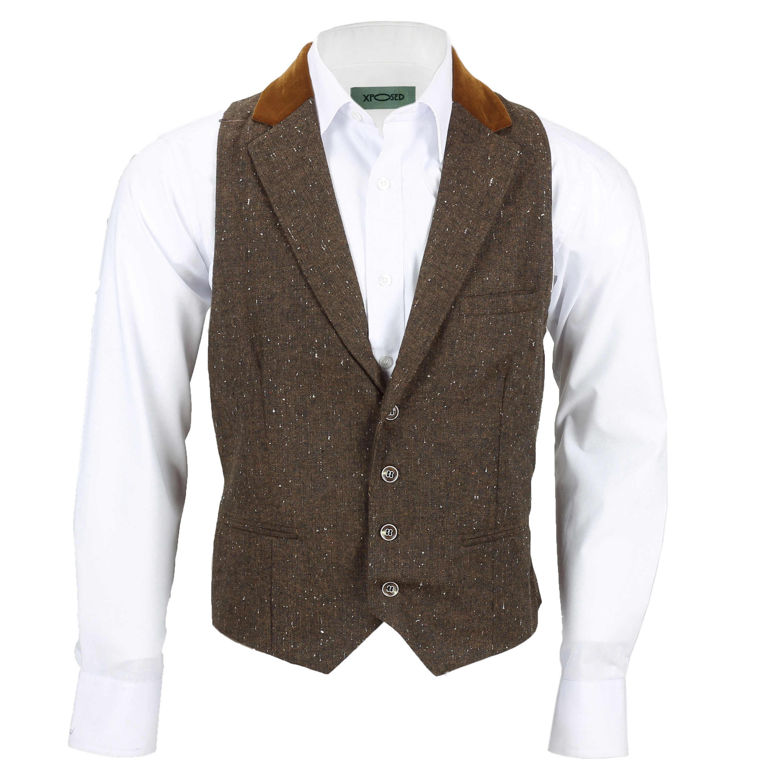 Mens Tweed Wool Waistcoat Vintage Velvet Collared Smart Casual Vest